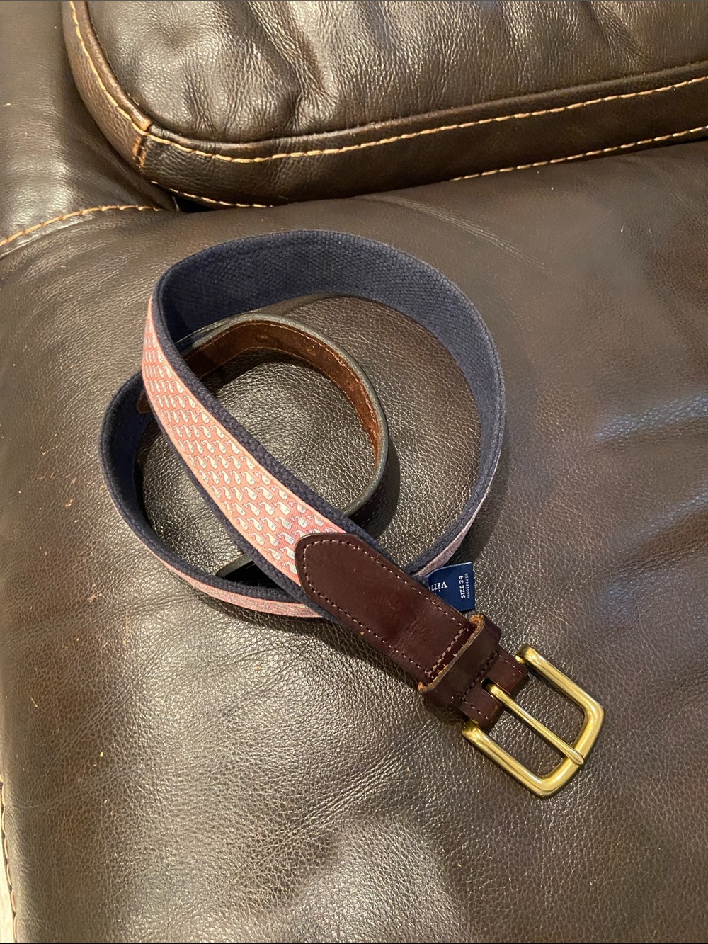 Brown Leather/pink & blue whale print 
vineyard Club Belt Brass Buckle -34